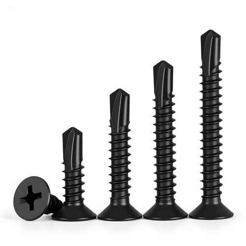 #10 x 1 (100 Pack) Flat Head Phillips Drive Sheet Metal Screws, Black Oxide 410 Stainless Steel Self Drilling Screws,Countersun Head Fast Self-Tapping Screws for Metal, Plastic, Wood - size: #10 x 1