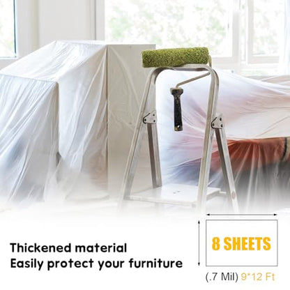 8 Pack Extra Large Plastic Drop Cloths for Painting Disposable Plastic Cover