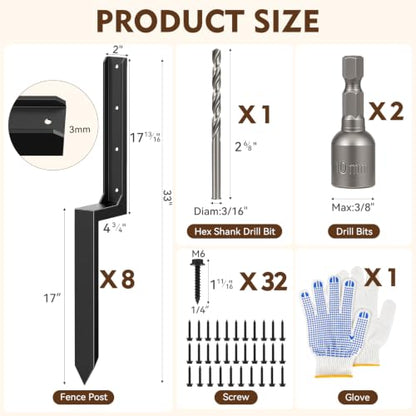 8-Pack Fence Post Saver Kit, 1/8-Inch 11-Gauge Galvanized Steel Ground Anchors, No-Dig Repair Spike for 4x4 & 6x6 Wood Posts, Heavy-Duty H-Shape Stake with Double-Layer Rust Shield
