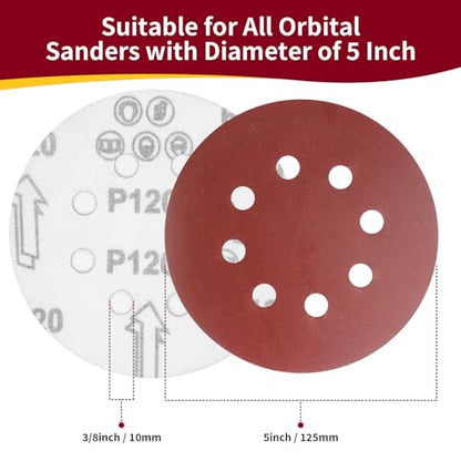 5 Inch 8 Hole Sanding Discs Hook and Loop, 20 PCS 120 Grit Round Sand Paper Disc (120 Grit)