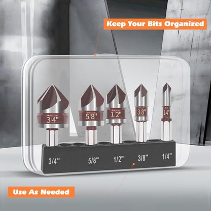 5 PCS Countersink Drill Bit Set, 82-Degree HSS, Size 1/4"-3/4"