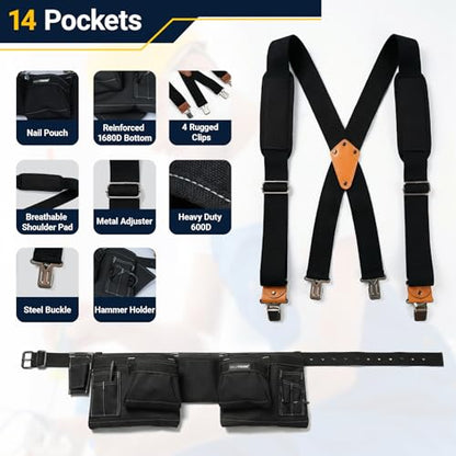 MELOTOUGH 14-Pocket Tool Belt with Suspenders, Tool Rig Organizer (Black)