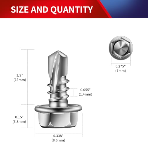#8 x 1/2" Self Drilling Screws (265Pcs) Hex Washer Head 410 Stainless Steel Self Tapping Screws for Metal Sheet Metal Screws with Hex Socket Included - color: Silver, size: #8 x 1/2"