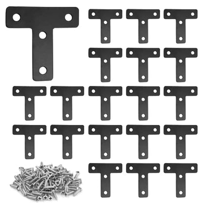 Uenhoy 20 Pcs T Shape Black Flat Brackets 2"x2" with Screws - size: 50x50mm/2"x2", style: T Shape