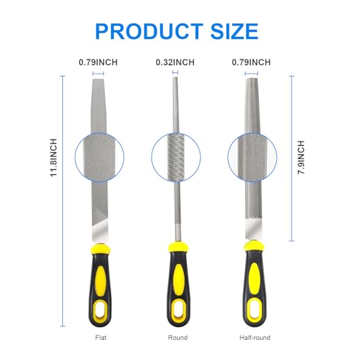 Metal File Set, 3-Piece 8 Inch Flat, Round & Half-Round Files