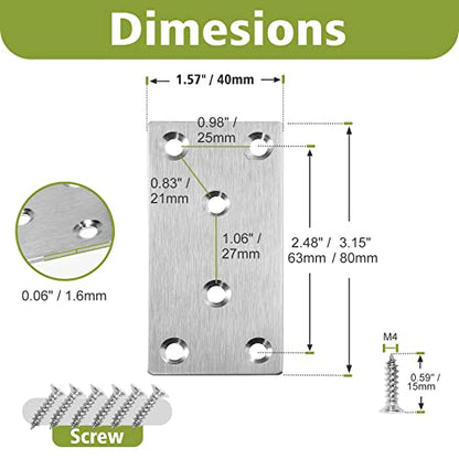 80 x 40 x 2mm Flat Mending Plate - Stainless Steel - Silver - 6Pcs - color: Silver, size: 80 x 40 x 2mm