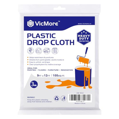 VICMORE Heavy-Duty Clear Plastic Drop Cloth, 9 x 12 Ft, 3 Mil, 1 Pack - size: 9 x 12 Ft, 3 Mil, 1 Pack