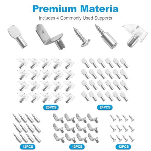 80 Pcs Shelf Pegs Pins Kit, 4 Styles Heavy Duty 5mm 1/4 Inch Shelf Support Pegs Holders, Nickel Plated Cabinet Shelf Clips for Kitchen Wood Shelves Bookcase