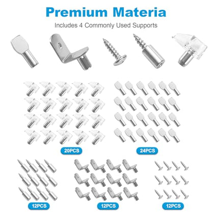 80 Pcs Shelf Pegs Pins Kit, 4 Styles Heavy Duty 5mm 1/4 Inch Shelf Support Pegs Holders, Nickel Plated Cabinet Shelf Clips for Kitchen Wood Shelves Bookcase