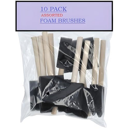 10 Pack Foam Brush Set – Assorted Sizes: 1 inch, 2 inch, 3 inch, 4 inch – Disposable Brushes for Paint, Varnish & Polyurethane – Lightweight Wood Handles