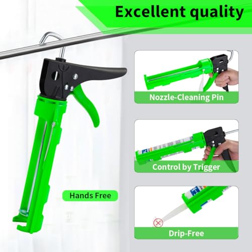 Green Caulk Gun Kit No Drip with Caulking Tools, 15:1 Thrust Ratio - color: Green