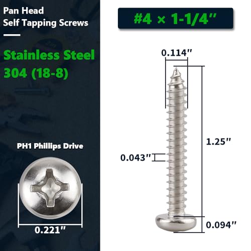 #4 x 1-1/4" (100 Pack) Stainless Steel Phillips Pan Head Wood Screws, Stainless Steel 304 (18-8), Pan Head Sheet Metal Screws Self Tapping for Wood - size: #4 x 1-1/4"