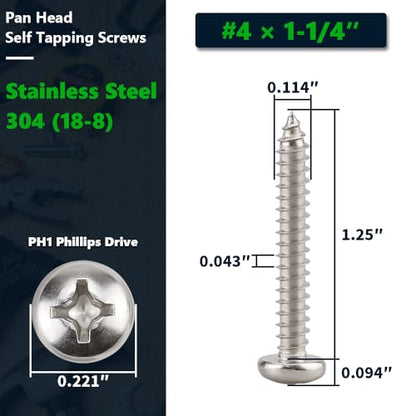 #4 x 1-1/4" (100 Pack) Stainless Steel Phillips Pan Head Wood Screws, Stainless Steel 304 (18-8), Pan Head Sheet Metal Screws Self Tapping for Wood - size: #4 x 1-1/4"