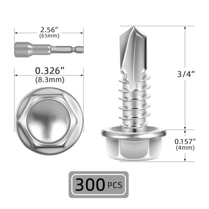 #8 x 3/4" (300 PCS) Sheet Metal Screws, Hex Washer Head Self Drilling Screw, 410 Stainless Steel Flanged Fast Self Tapping Screws - size: #8 x 3/4"