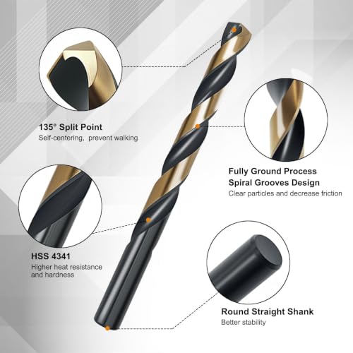 29Pcs Cobalt Drill Bit Set, 135 Degree Tip High Speed Steel with Black and Gold Finish, Stainless Steel, Plastic and Wood with Indexed Round Case 1/16"-1/2" - color: 4341-29pc