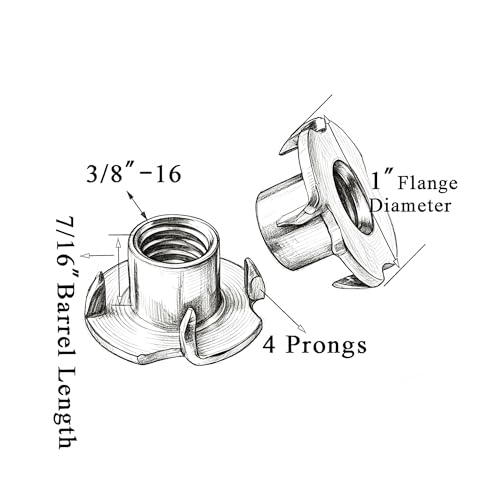 3/8"-16 T-Nuts for Climbing Holds: 22 Pack 4 Pronged Tee Nuts Zinc Plated Threaded Inserts - No Rust No Spin - size: 3/8"-16（22Pack）