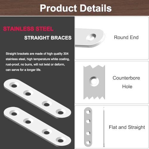 24 Pack Flat Brackets White Straight Braces 3 Inch Stainless Steel Mending Plates, Heavy Duty Repair Fixing Joining Metal Strip for DIY, Wood, Furniture, with Screws - size: White 3in x 0.63in Straight
