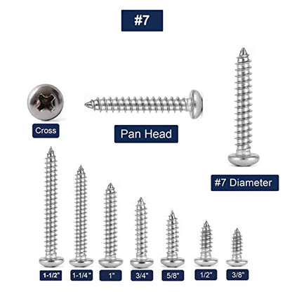 #7 x 1-1/2" Wood Screw 100Pcs 18-8 (304) Stainless Steel Pan Head Fast Self Tapping Drywall Screws by SG TZH - size: #7 x 1-1/2"