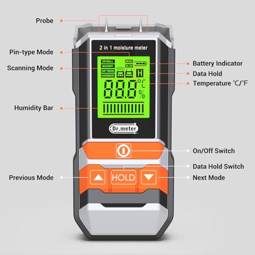 Dr.meter 2 in 1 Pin & Pinless Wood Moisture Meter for Wood Drywall