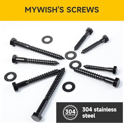 Mywish 109Pcs 1/4" Hex Head Lag Screws Assortment Kit, Heavy Duty Lag Bolts with Washers, 304 Stainless Steel Bolts 18-8, 5-Size Wood Screws for Outdoor, Black Oxide 1/4 Bolt - size: 1/4 Assorted Kit