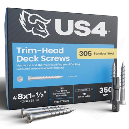 US4 - #8 x 1-1/2" - Trim Head T15 Star Drive Stainless Steel Wood Screws | 305 Stainless Steel | | Rust & Corrosion-Resistant | Outdoor Decking Screws (350, #8 x 1-1/2 - Inches) - size: #8 x 1-1/2"