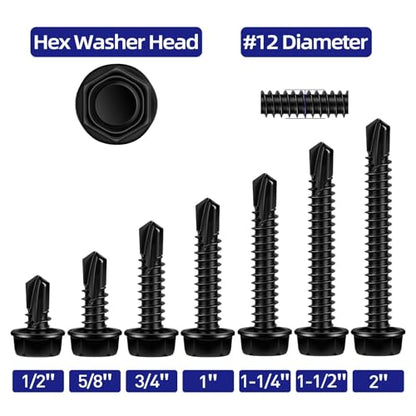 #12 x 1-1/4" Hex Washer Head Self Tapping Screws, TEK Screws, Self Drilling, Stainless Steel 410 Sheet Metal Screws, Black Finish, 50 PCS - color: Black, size: #12 x 1-1/4"