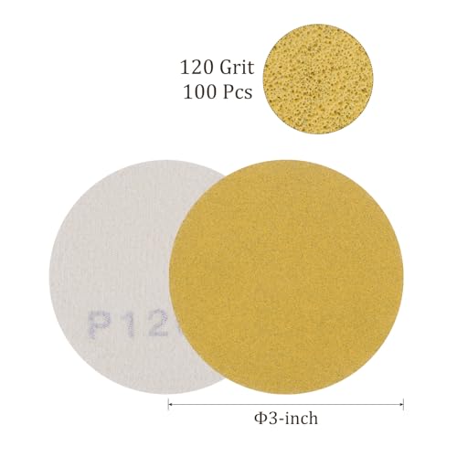 100pcs No Hole Sanding Discs- [ 3 Inch 120 Grit ] Round Hook and Loop Grip Sanding Pads Sheet Sandpaper for Automotive Woodworking Metal Polishing Use| Gold, Aluminum Oxide - size: 120 grit