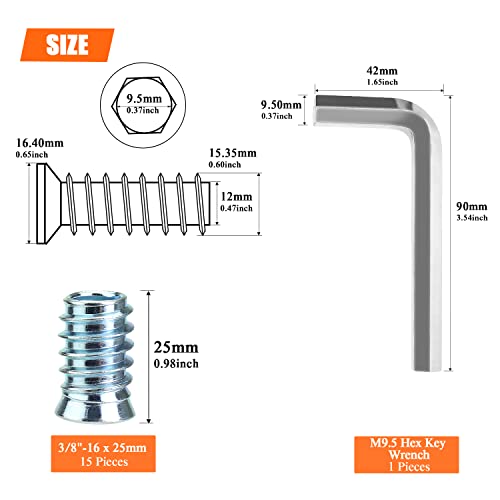 HELIFOUNER 15 Pieces 3/8”-16 x 25mm Threaded Inserts with Hex Wrench for Wood Furniture, 3/8-16 Threaded Inserts, Wood Inserts, Blue Zinc Plated Carbon Steel Threaded Inserts for Wood Furniture Screw - size: 3/8"-16 x 25mm