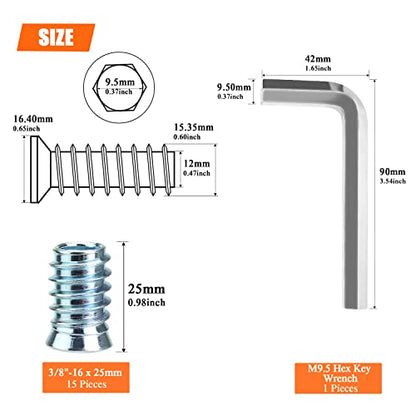 HELIFOUNER 15 Pieces 3/8”-16 x 25mm Threaded Inserts with Hex Wrench for Wood Furniture, 3/8-16 Threaded Inserts, Wood Inserts, Blue Zinc Plated Carbon Steel Threaded Inserts for Wood Furniture Screw - size: 3/8"-16 x 25mm