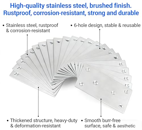 20Pack Stainless Steel Flat Bracket Mending Plate,Stainless Steel Mending Joining Plates，Heavy Duty Flat Bracket Metal Mending Plates for Wood, Shelves, Furniture, Cabinet ,3.15X1.57X0.08IN - size: 20Pack-3Inch