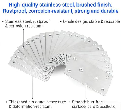 20Pack Stainless Steel Flat Bracket Mending Plate,Stainless Steel Mending Joining Plates，Heavy Duty Flat Bracket Metal Mending Plates for Wood, Shelves, Furniture, Cabinet ,3.15X1.57X0.08IN - size: 20Pack-3Inch