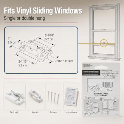Prime-Line F 2667 Sash Lock, 2-1/16 In. Hole Centers, Fits Single and Double Hung Vinyl Windows, Vinyl Construction, White, (Single Pack)
