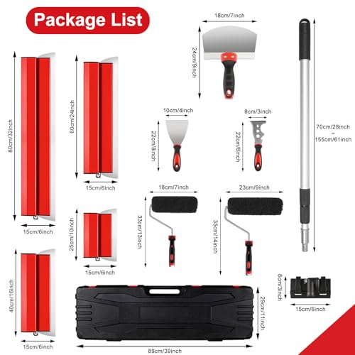 suokoun Drywall Skimming Blade Set with Case, 10/16/24/32inch Stainless Steel Skimming Blades, 7/9inch Compound Rollers, 28"-62" Extension Handle, Putty Knives Arc Scraper for Wallboard - size: 10+16+24+32inch