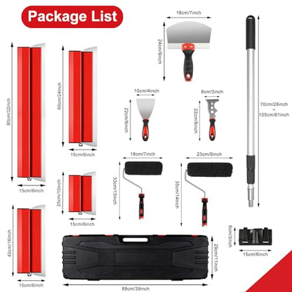 suokoun Drywall Skimming Blade Set with Case, 10/16/24/32inch Stainless Steel Skimming Blades, 7/9inch Compound Rollers, 28"-62" Extension Handle, Putty Knives Arc Scraper for Wallboard - size: 10+16+24+32inch