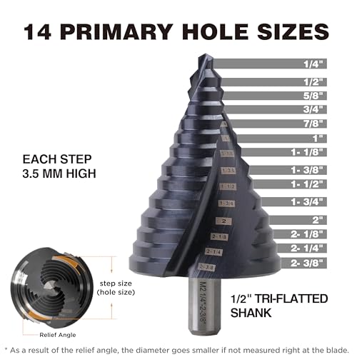 1/4"-2-3/8" M2 Step Drill Bit Unibit for Hole Drilling 14 Sizes - size: 1/4" to 2-3/8" (Spiral)