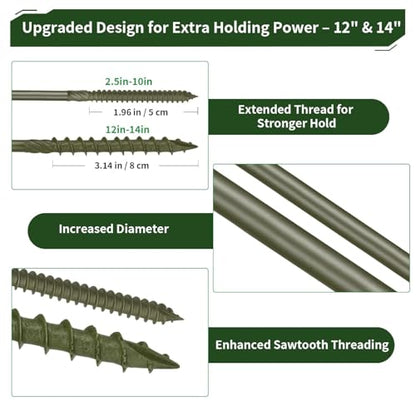 5/16 x 14 inch Long Timber Screws,Heavy Duty Exterior Lag Bolts with Hex Head, Structural Wood Screws for Deck, Fence, Landscape & Gazebo,Rust-Resistant Green Coated (25pcs) - size: #5/16 x 14" 25PCS