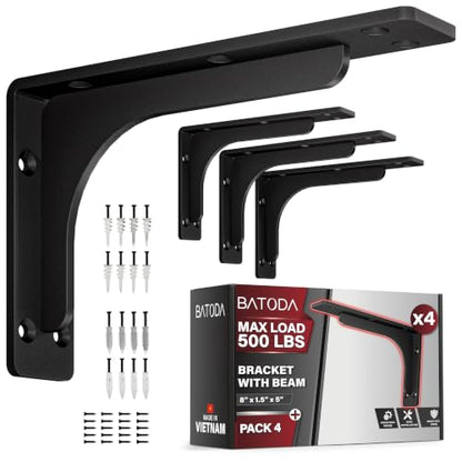 BATODA 8" x 5" Steel Bracket with Beam, Black, 300 Lbs Capacity, Pack of 4 - size: 8 Inch