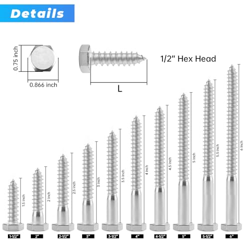 Glvaner (4 pcs) 1/2" x 5-1/2" Stainless Steel Hex Head Lag Bolts, Hexagonal Head Lag Screws, 304 Stainless Steel 18-8, Secure Hold for Wood - size: 1/2 x 5-1/2"