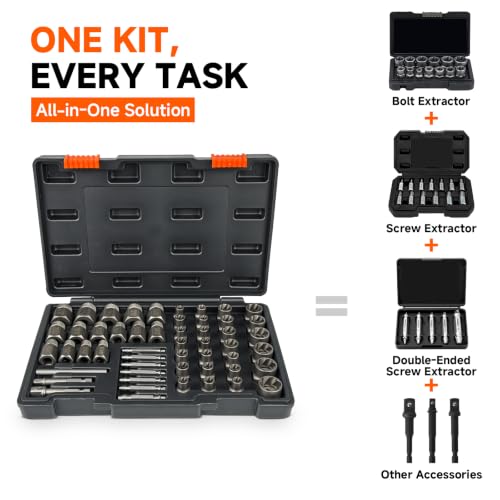 52PCS Bolt Extractor Set & Screw Extractor Kit, Stripped Bolt Remover Socket Set, Easy Out Tool for Broken, Damaged, Rusted & Rounded Bolts, Nuts and Stripped Screws with Portable Storage Case