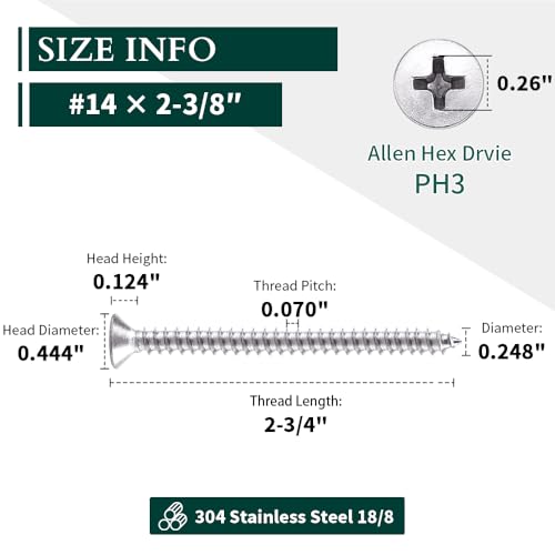 #14 x 2-3/4" Flat Head Sheet Metal Screws, 304 Stainless Steel (18-8), Phillips Drive, Self Tapping, Corrosion Resistant Screws for Wood, Sheet Metal and More, 25 Pack - size: #14 x 2-3/4"