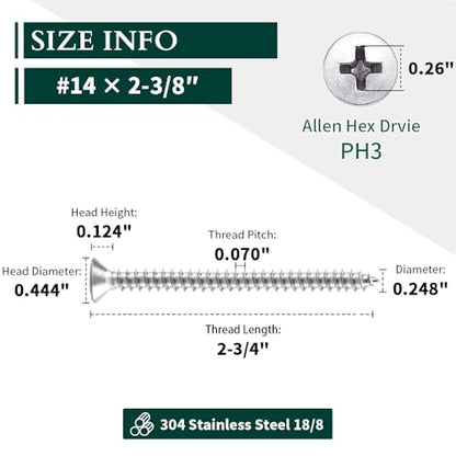#14 x 2-3/4" Flat Head Sheet Metal Screws, 304 Stainless Steel (18-8), Phillips Drive, Self Tapping, Corrosion Resistant Screws for Wood, Sheet Metal and More, 25 Pack - size: #14 x 2-3/4"