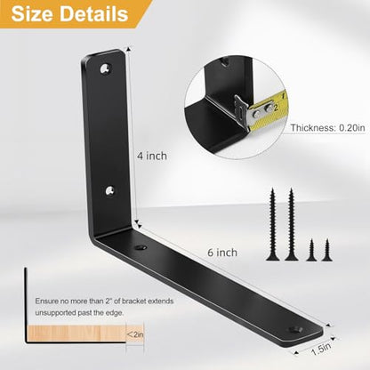 4 Pack - L 6" x H 4" x W1.5, 5mm Thick Black L Shelf Bracket, Iron Shelf Brackets, Metal Shelf Brackets, Floating Shelf, Shelf Supports with Screws - size: 6''x4'', style: Black 4 Pack