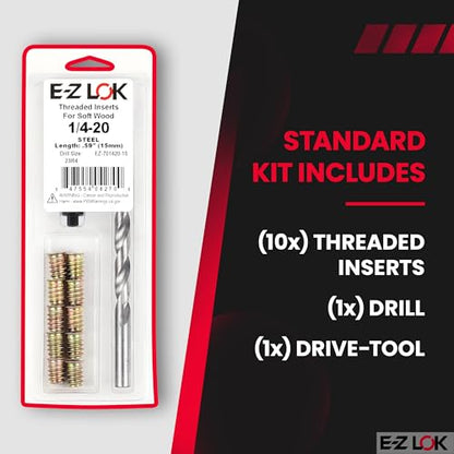 E-Z LOK Threaded Inserts for Wood, Repair Installation Kit, Includes Steel Hex Drive Flanged Thread Inserts, 1/4-20 Internal Thread, 15mm Length, Drill, Installation Tool - style: 1/4-20 Internal Thread