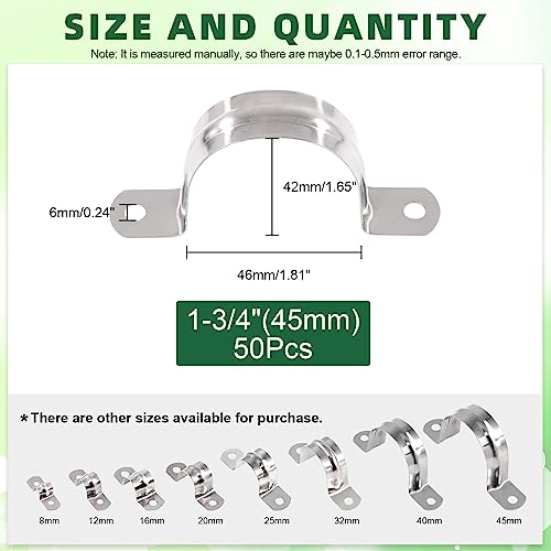 Keadic 50Pcs M45 Metric Two Hole Strap U Bracket Tube Strap Tension Clips 304 Stainless Steel Heavy Duty Rigid Pipe Strap Clamp, for Pipe Fixing on Various Surfaces - size: 1-3/4"-50pcs