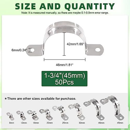 Keadic 50Pcs M45 Metric Two Hole Strap U Bracket Tube Strap Tension Clips 304 Stainless Steel Heavy Duty Rigid Pipe Strap Clamp, for Pipe Fixing on Various Surfaces - size: 1-3/4"-50pcs