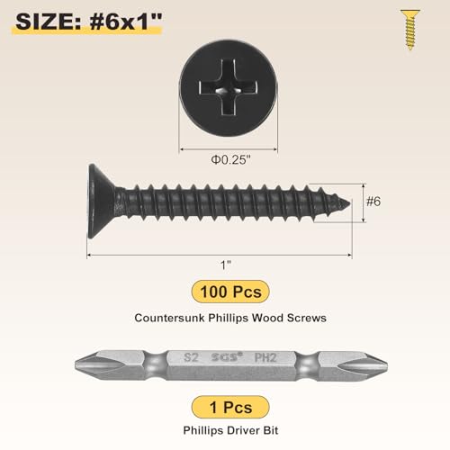 METALLIXITY 101Pcs #6x1 Countersunk Phillips Wood Screws Kit SS304 - color: Black, size: #6x1"
