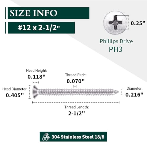 #12 x 2-1/2" (25 pcs) Flat Head Sheet Metal Screws, 304 Stainless Steel (18-8), Phillips Drive, Self Tapping, Corrosion Resistant Screws for Wood, Sheet Metal and More - size: #12 x 2-1/2"