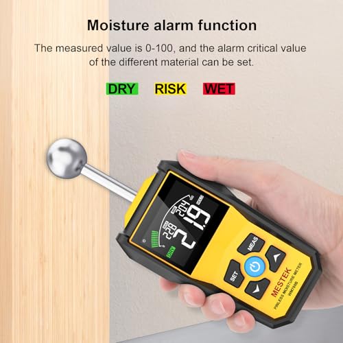 MESTEK Wood Moisture Meter for Non-Destructive Moisture Detection in Drywall, Wood, and Masonry, Moisture Tester with Backlit Color LCD Display & Alarm Function, Detects up to 20-40mm Below Surface