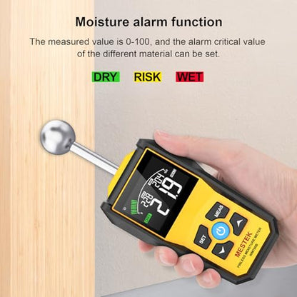 MESTEK Wood Moisture Meter for Non-Destructive Moisture Detection in Drywall, Wood, and Masonry, Moisture Tester with Backlit Color LCD Display & Alarm Function, Detects up to 20-40mm Below Surface