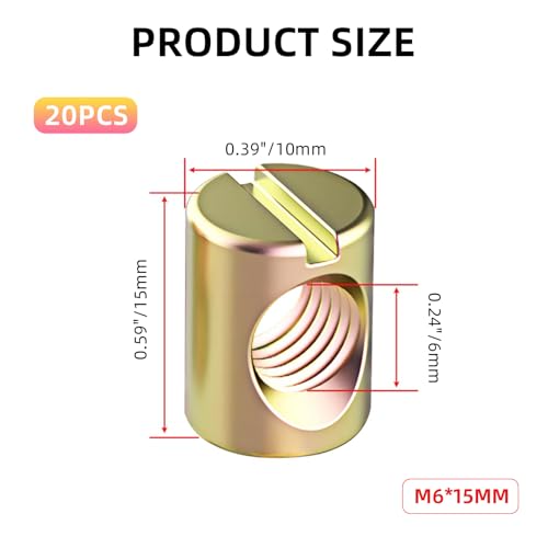 20 PCS M6 Slotted Cross Dowel Nut, Barrel Nuts Kit (M6x13mm) for Furniture, Bed, Crib & Chairs – Replacement Cross Dowel Nuts (M6x15mm) - size: M6x15mm